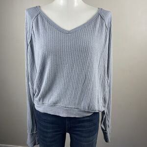 We The Free Light Blue Waffle Knit Long Sleeve V-Neck Top